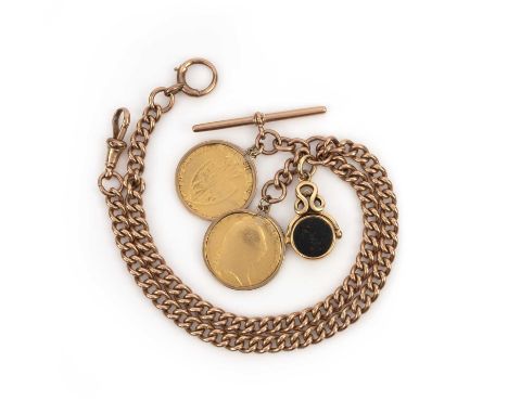 A gold necklace and coin pendants, late 19th/early 20th century, the gold chain of curb linking in 9ct gold, British hallmark