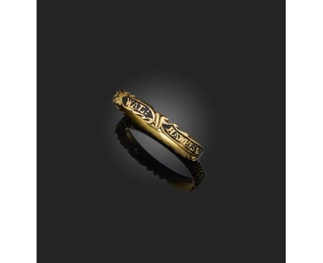 A Georgian enamel mourning ring, circa 1760, designed as a series of ribbon banners applied with black enamel, the commemorat