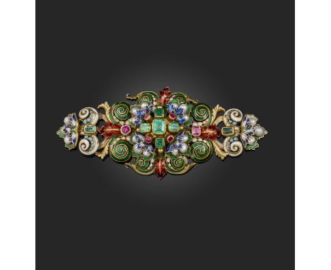 An emerald, ruby, pearl and enamel plaque, late 19th/early 20th century, designed in the Renaissance Revival style, centring 