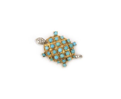 A turquoise and diamond brooch, mid 20th century, designed as a turtle, its shell set with turquoise cabochons, its head and 