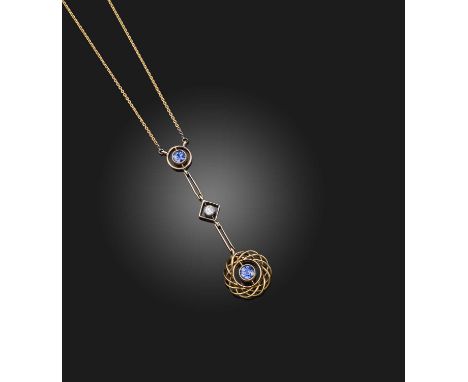 An Edwardian sapphire and diamond pendant necklace, early 20th century, the articulated pendant with a circular-cut sapphire 