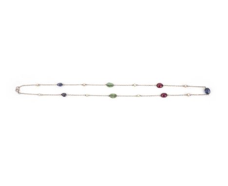 A pearl and multi-gem necklace, early 20th century, composed of sapphire, emerald and ruby beads threaded onto a platinum cha