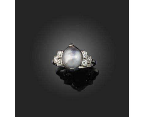 An Art Deco natural pearl and diamond ring, early 20th century, centring on a natural pearl with three circular-cut diamonds 