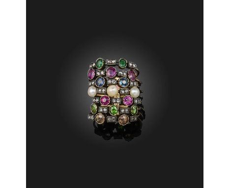 A gem-set, pearl and diamond ring, late 19th/early 20th century, of 'harem' design, composed of seven bands held together at 