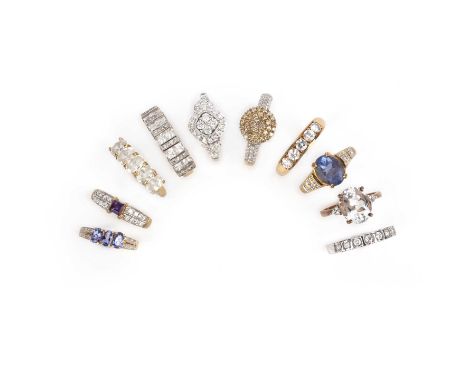 A collection of 10 gem-set and diamond rings, comprising: a seven-stone platinum and diamond ring, British hallmarks; a colou