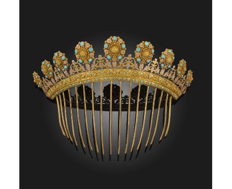 A gold and turquoise hair ornament, 1830s, composed of nine clusters of gold flowers, cannetille and beadwork set with turquo