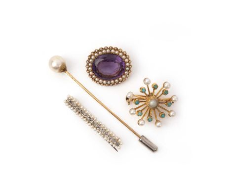 A collection of four brooches, 19th and 20th century, comprising: a late 19th century amethyst and seed pearl brooch, length 