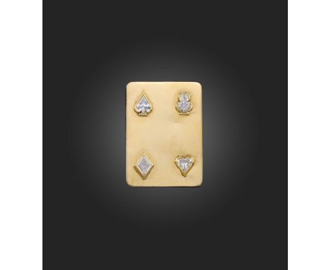 A gold and diamond novelty pendant, France, mid 20th century, designed as a playing card, each corner collet-set with a fancy