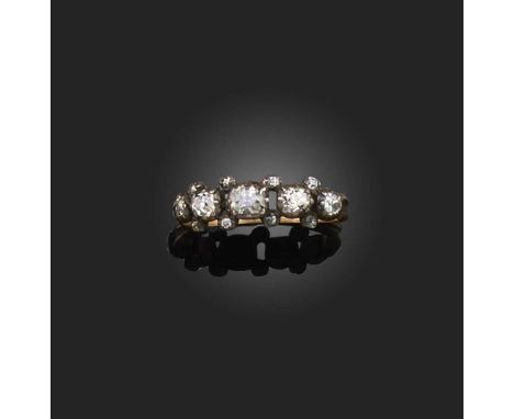 A diamond ring, late 18th/early 19th century, the front set with a line of cushion-shaped diamonds in closed back settings, s