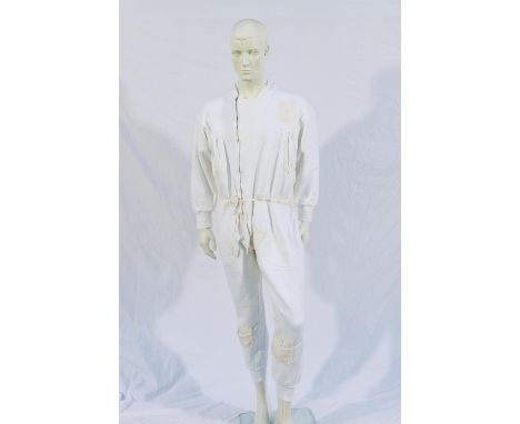KATHERINE HAMNETT London early 1980s men's cream cotton jumpsuit with silk patches bought from a sample sale in London. UK La
