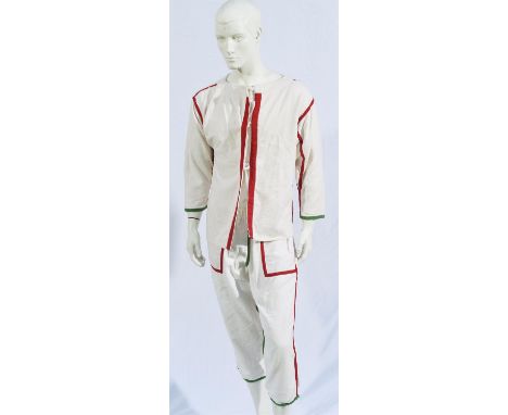 YOSHIKO early 1980s cream brushed cotton men's two piece suit with red and green binding (UK large)Condition Report:  Good us