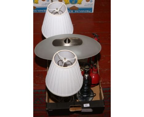 A box of lamps and lamp shades to include anglepoise example.