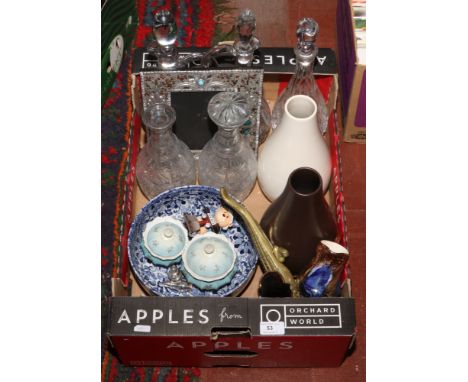 A box of ceramics, glass and collectables including cut glass decanters, brass alligator nut cracker and mosaic picture frame