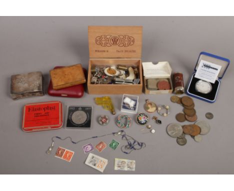 A box of collectables to include white metal trinket box, Millennium silver five pound coin, costume jewellery, Butlins badge