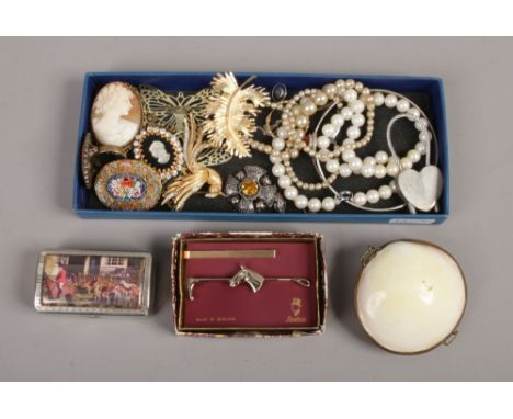 A quantity of costume jewellery and trinket boxes including a Celtic silver pendant, yellow metal micro mosaic brooch, cameo 