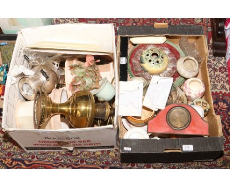 Two boxes of miscellaneous to include brass based oil lamp, pair of table lamps, boxed sock helper etc.