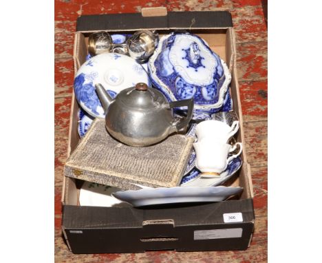 A box of miscellaneous to include blue and white dinnerwares, pewter teapot, cased cutlery etc.