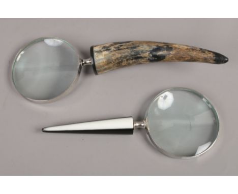 Two desk top magnifying glasses, one with horn handle.
