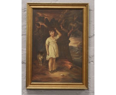 A gilt framed oil on canvas portrait of a girl and cat in a landscape.