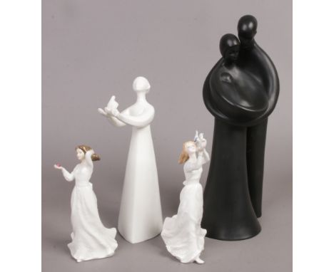 Four Royal Doulton figurines to include matt black family HN2721, white ceramic peace HN2470 along with a miniature thinking 