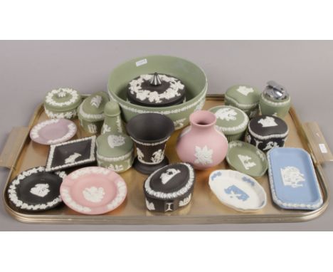 A tray of assorted Wedgwood Jasperware including black powder bowl, trinket dishes and vases etc.