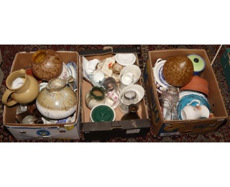 Three boxes of miscellaneous to include large stoneware jugs, Masons, coloured light shades etc.