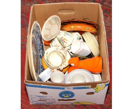 A box of miscellaneous to include Doulton Lambeth bowl, Masons meatplate, Carltonware candlestick, Denby etc.
