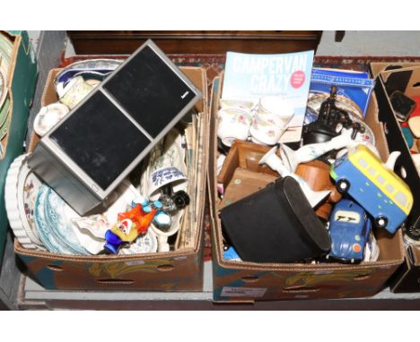 Two boxes of miscellaneous including Ringtons, novelty camper van ceramics, coffee grinders, Royal Stafford, blue and white R