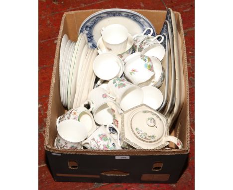A box of dinner / teawares to include Burslem blue and white, Spode Chinese rose, Boy Kirkham etc.