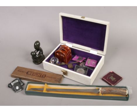 A box of collectables to include a horn handle George Ibberson &amp; Co. stainless steel carving knife, silver fork assayed S