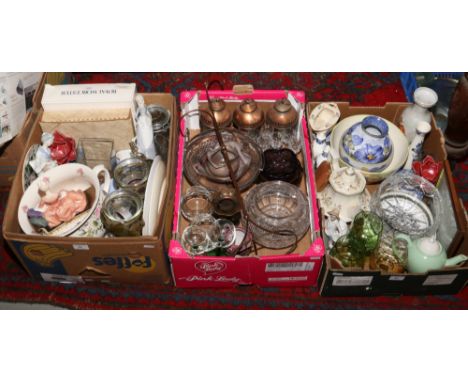 Three boxes of miscellaneous including various glasswares, silver plate, ornaments, Royal Worcester, Delft, Art pottery etc.