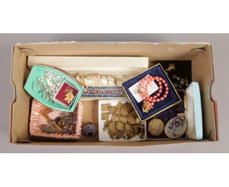 A collection of boxed costume jewellery include Majorica earrings, mother of pearl bracelet, micro mosaic brooch etc.