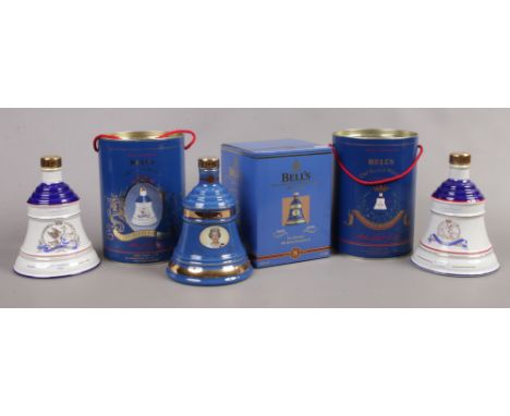 Three boxed full and sealed Wade Bells Scotch Whisky decanters, all commemorating The Royal Family including HM Queen Elizabe