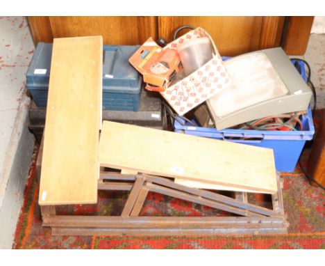 A quantity of a auto repair tools including axle stands, ramps inspection lamp etc, along with two tool boxes and contents of