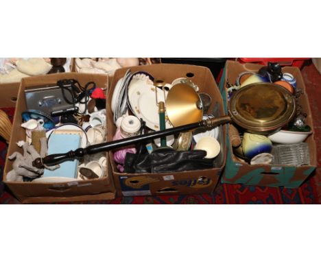 Three boxes of miscellaneous to include bed pan, cutglass decanter, cased knives, silver plate etc.