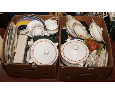 Two boxes of miscellaneous to include Royal Kent, Coalport, soda syphon, decanter etc.