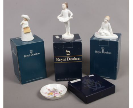 Three boxed Royal Doulton figures Star Performer, Ballet Class, Almost Grown, along with a boxed Royal Crown Derby trinket di