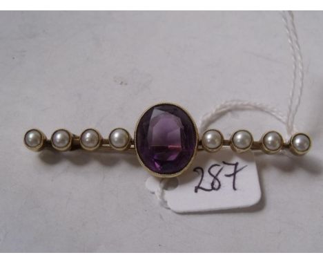 Large 15ct gold amethyst & pearl set bar brooch 7cm long  