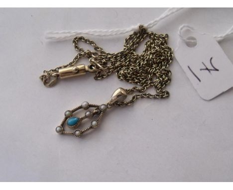 An attractive Turquoise & pearl 9ct pendant on 9ct  neck chain 4.5g inc       