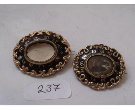 Two Victorian gold & black enamel mourning brooches  