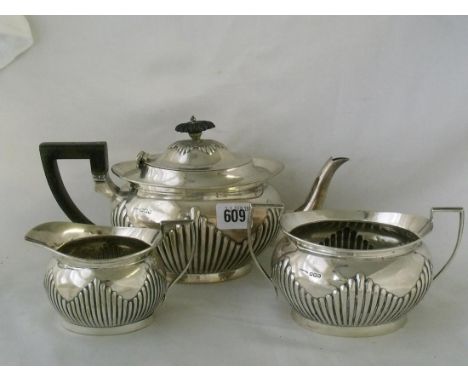 Three piece tea service with part reeded oval body 11"  over handle Sheff 1912 by TE & Co  940g    