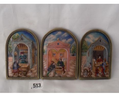 Limoges enamel tryptich decorated with medieval   scenes in metal mount      