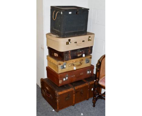 A wooden bound trunk, three suitcases and a box (6)