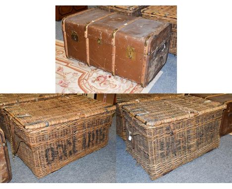 A pair of wicker metal bound baskets with rope carry handles, 91cm by 55cm by 48cm high; together with a wooden and metal bou