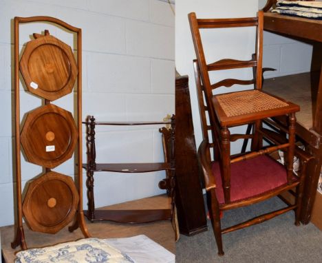 An inlaid mahogany folding cake stand together with a three tier mahogany hanging shelf, and two occasional chairs (4)