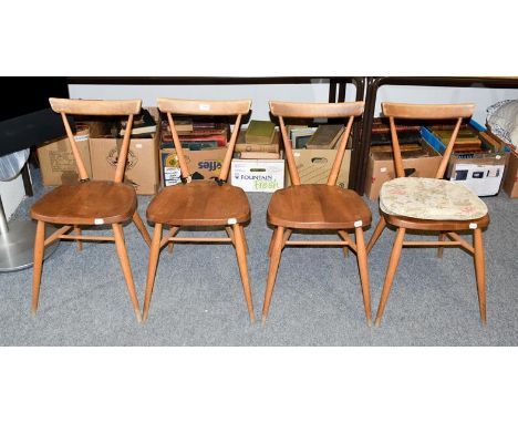 A set of four Ercol elm and beech stacking chairs, stamped, seat height 44cm
