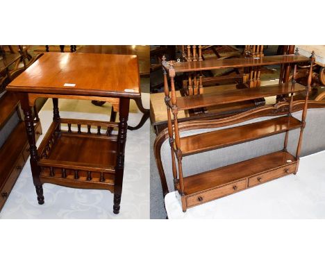 A Regency mahogany two-drawer four-tier hanging shelf, with turned supports, 78cm by 50cm by 80cm high; together with a Victo