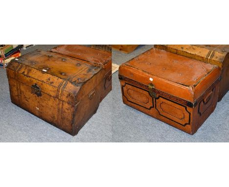 A 19th century tole ware tin travel trunk, 76cm by 52cm by 52cm high together with another similar trunk (2) 