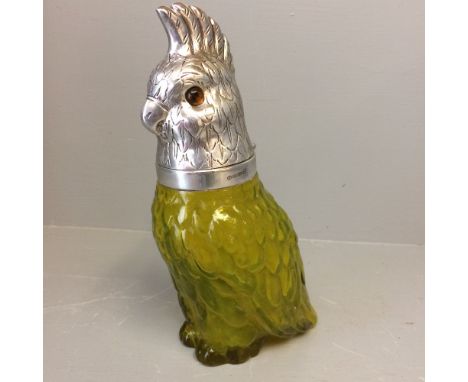 Silver plated &amp; yellow glass decanter in the form of a parrot 24H cm 