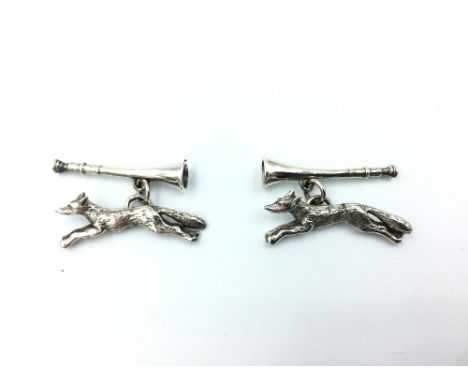 Pair of silver cufflinks in the form of dogs &amp; bugle hunting style 